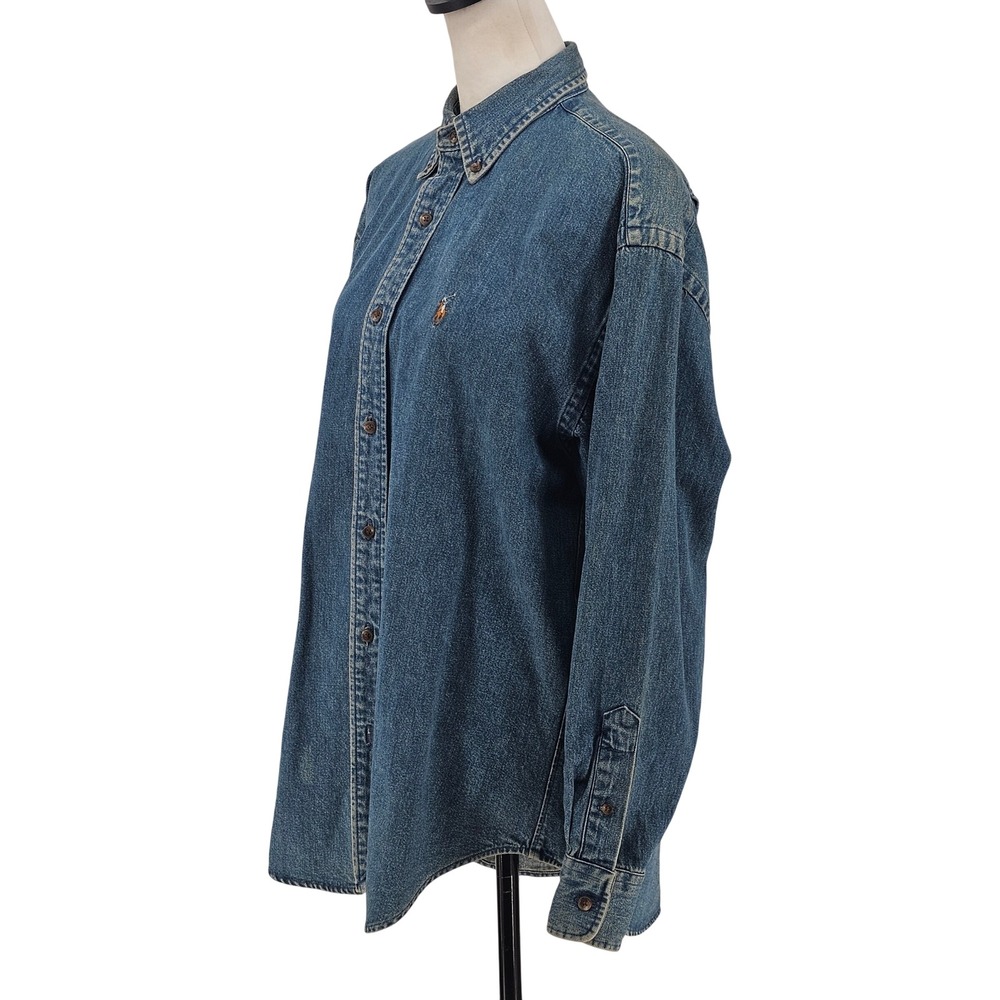 Vintage 90s Ralph Lauren The Big Shirt 6 Button Down Blue Denim Pony Western - Picture 2 of 16